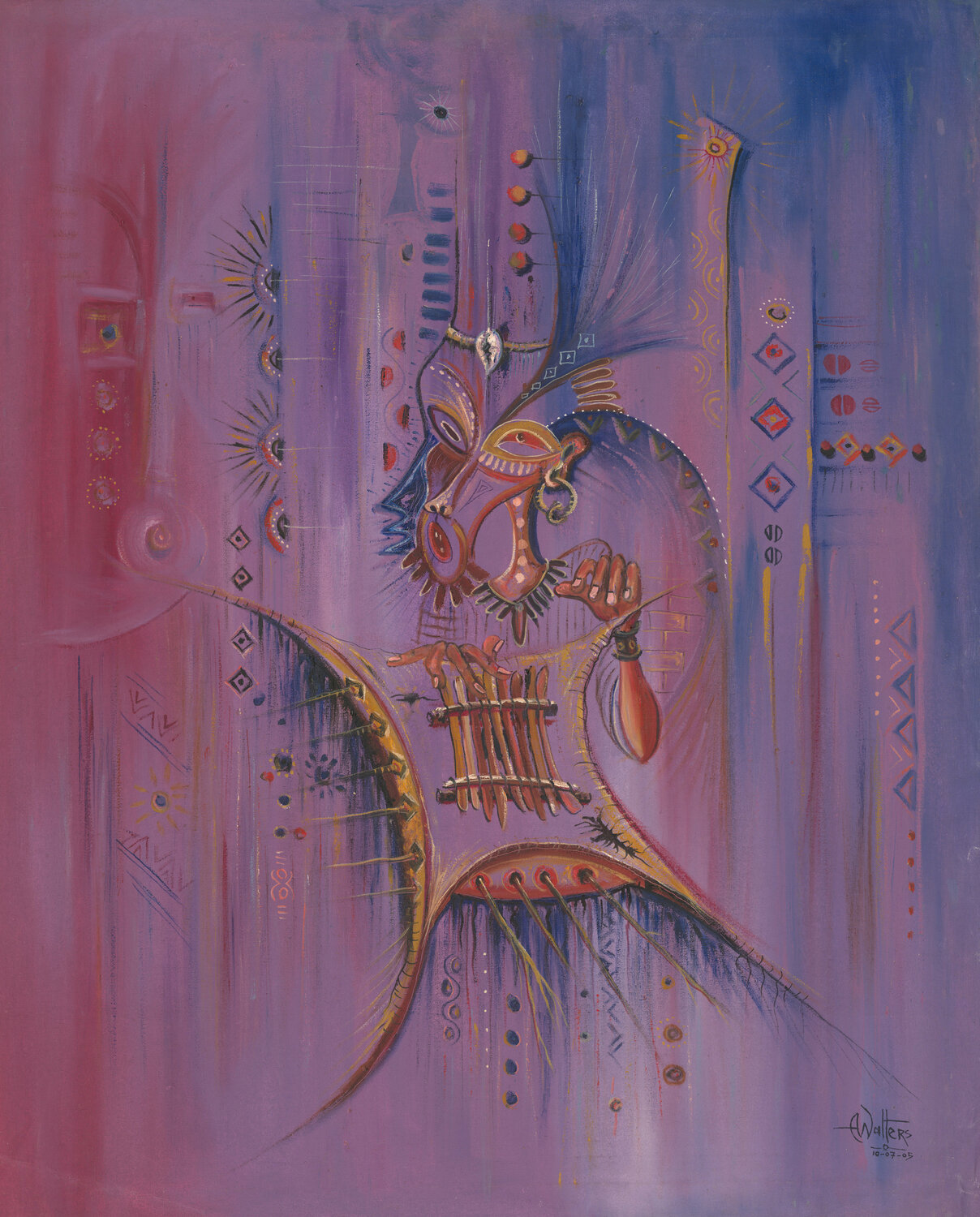 Sanza Player surreal painting of African musician Angu Walters Original painting for sale