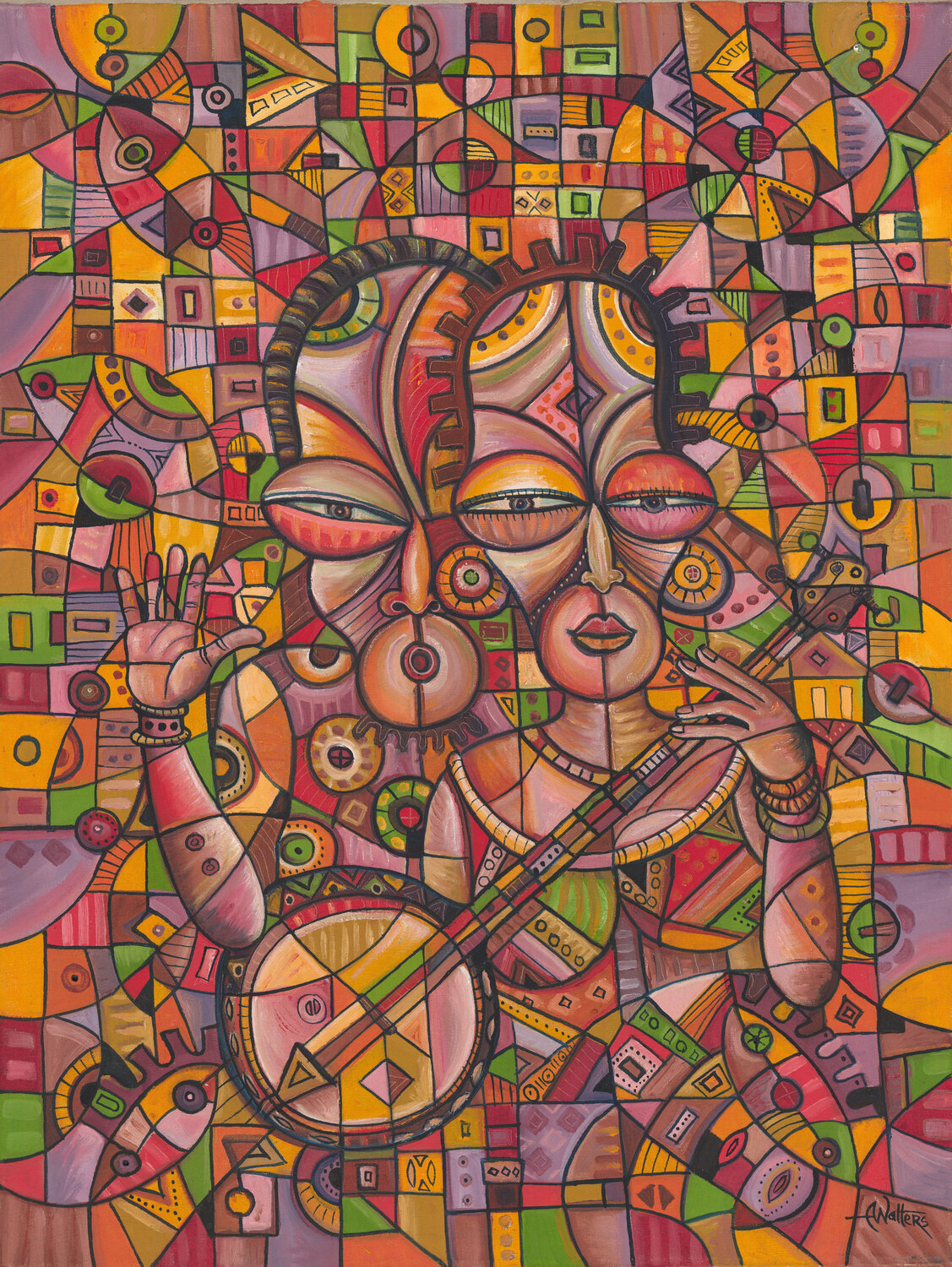 Banjo Players a painting of African music Angu Walters Original painting for sale