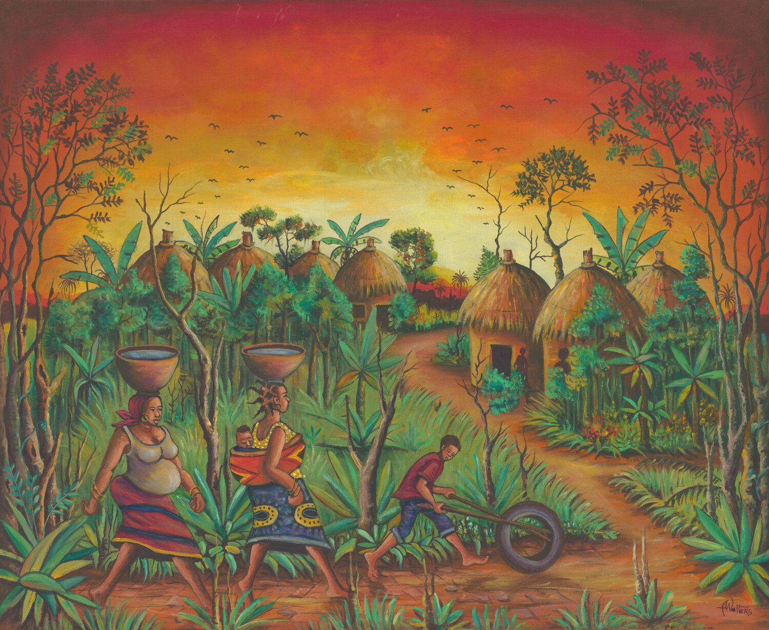Village a painting from Cameroon, Central Africa Angu Walters Original painting for sale
