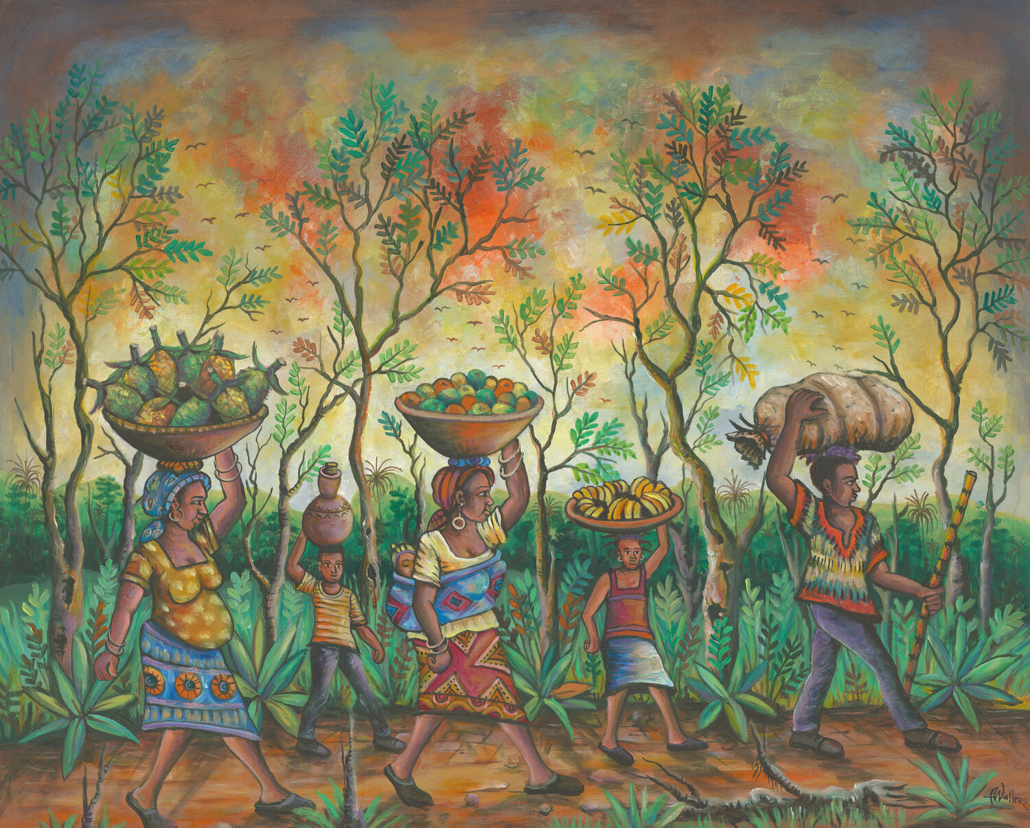To the Market III painting of African village life Angu Walters Original painting for sale