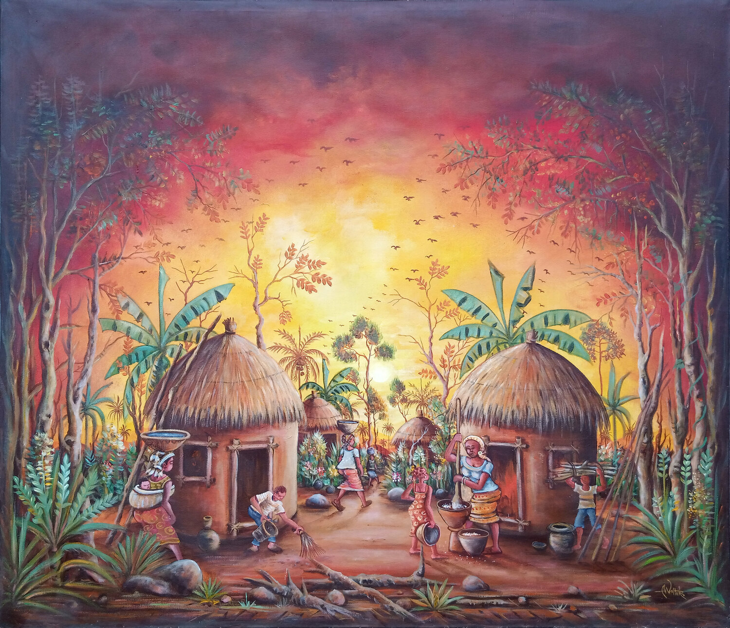 In the Village a painting from Africa Angu Walters Original painting for sale