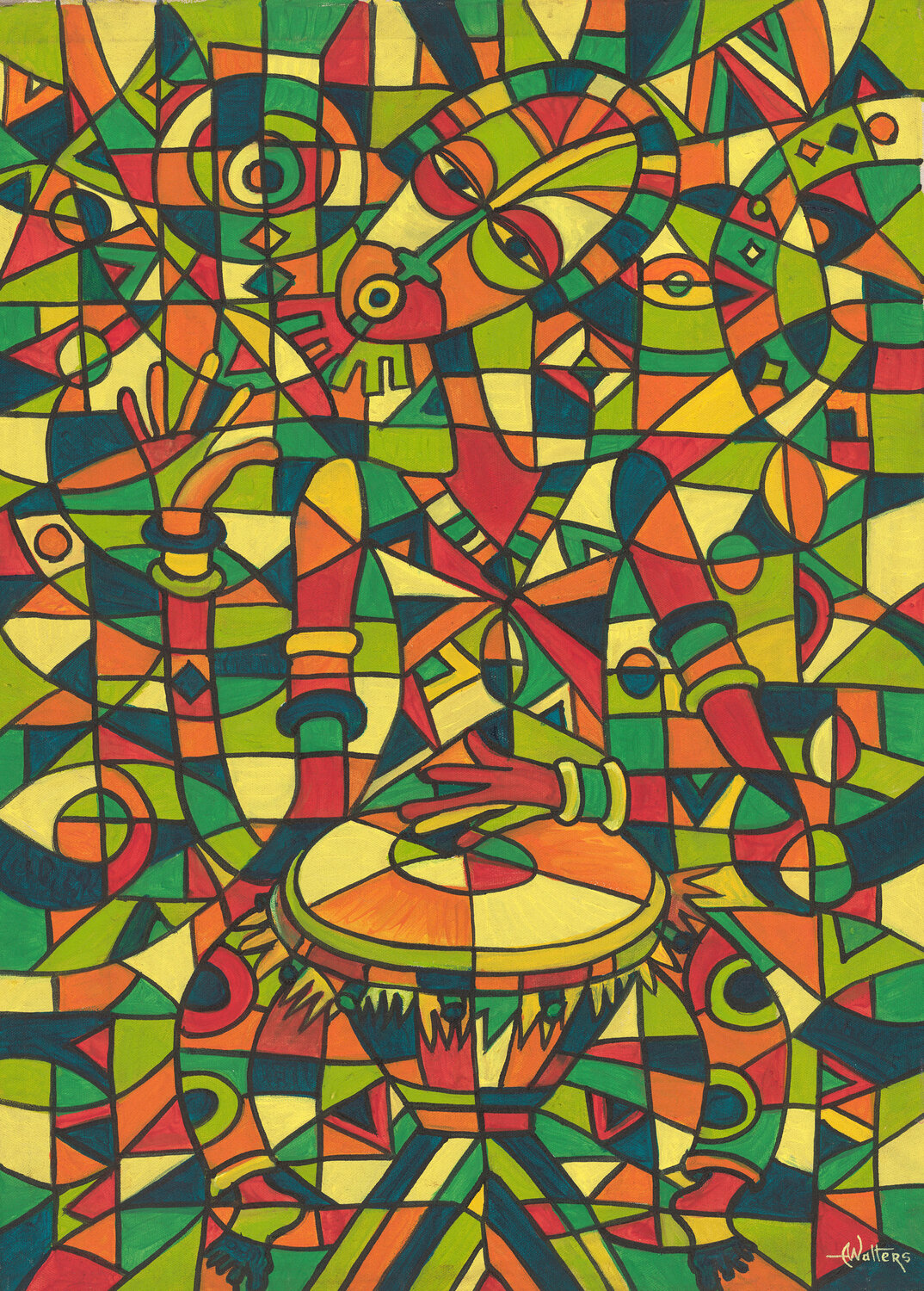 Play the Drum IV - Painting of African music Angu Walters Original painting for sale