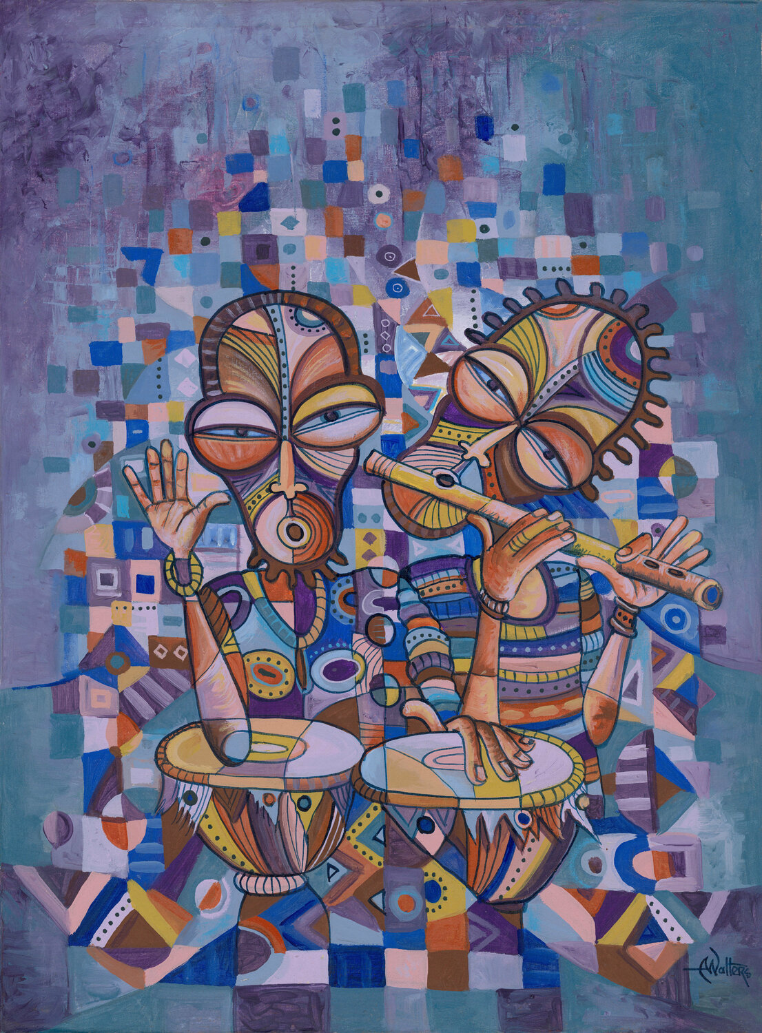 The Drummer and Flutist 4 painting from Africa Angu Walters Original painting for sale