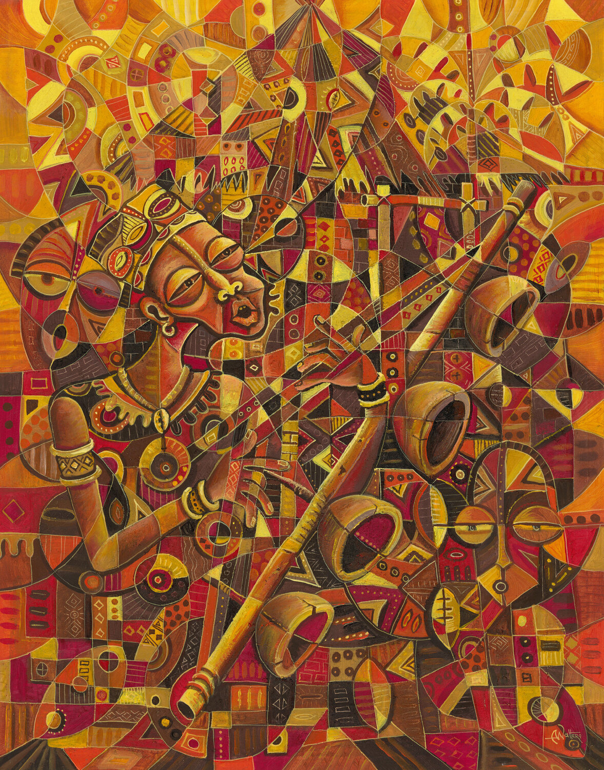Mvet Player II - Music painting from Africa Angu Walters Original painting for sale