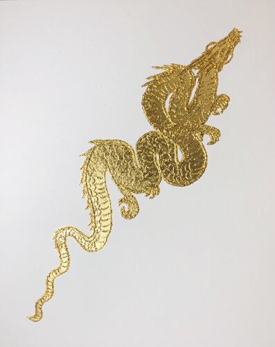 Golden dragon on white - 3D plaster, gold leafing, minimalistic von Nataliia Krykun, Malerei kaufen auf Select