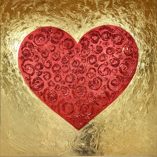 Red Heart on gold - 3D love, Amour, Amore red, gold leafing minimalism Pop Art von Nataliia Krykun, Malerei kaufen auf Select