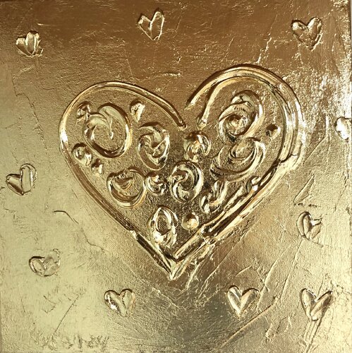 Flowers on golden heart - Love, Amour, Liebe 3D plaster von Nataliia Krykun, Malerei kaufen auf Select