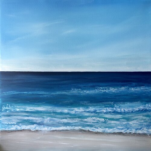 Waves blue horizon -  Sunset, skyline, seascape, ocean turquoise waves von Nataliia Krykun, Malerei kaufen auf Select