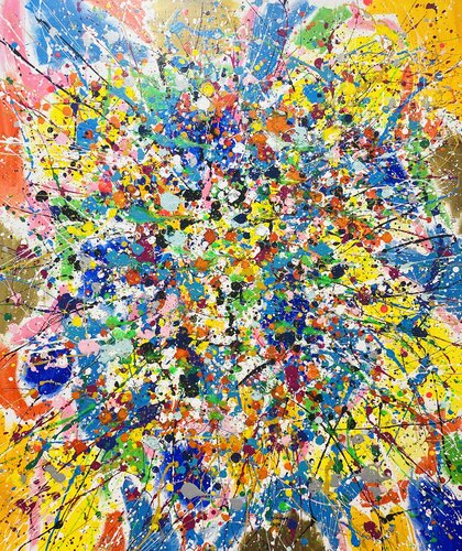 From the series "Bright Dreams" - 2,  yellow, blue, pink, white, colourful large abstraction, drops, expressionism dropping by Nataliia Krykun, Painting for Sale on Select