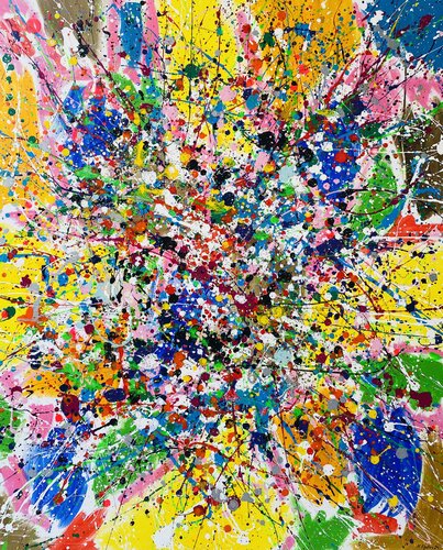 From the series "Bright Dreams" - 3,  yellow, blue, pink, white, colourful large abstraction, drops, expressionism dropping by Nataliia Krykun, Painting for Sale on Select