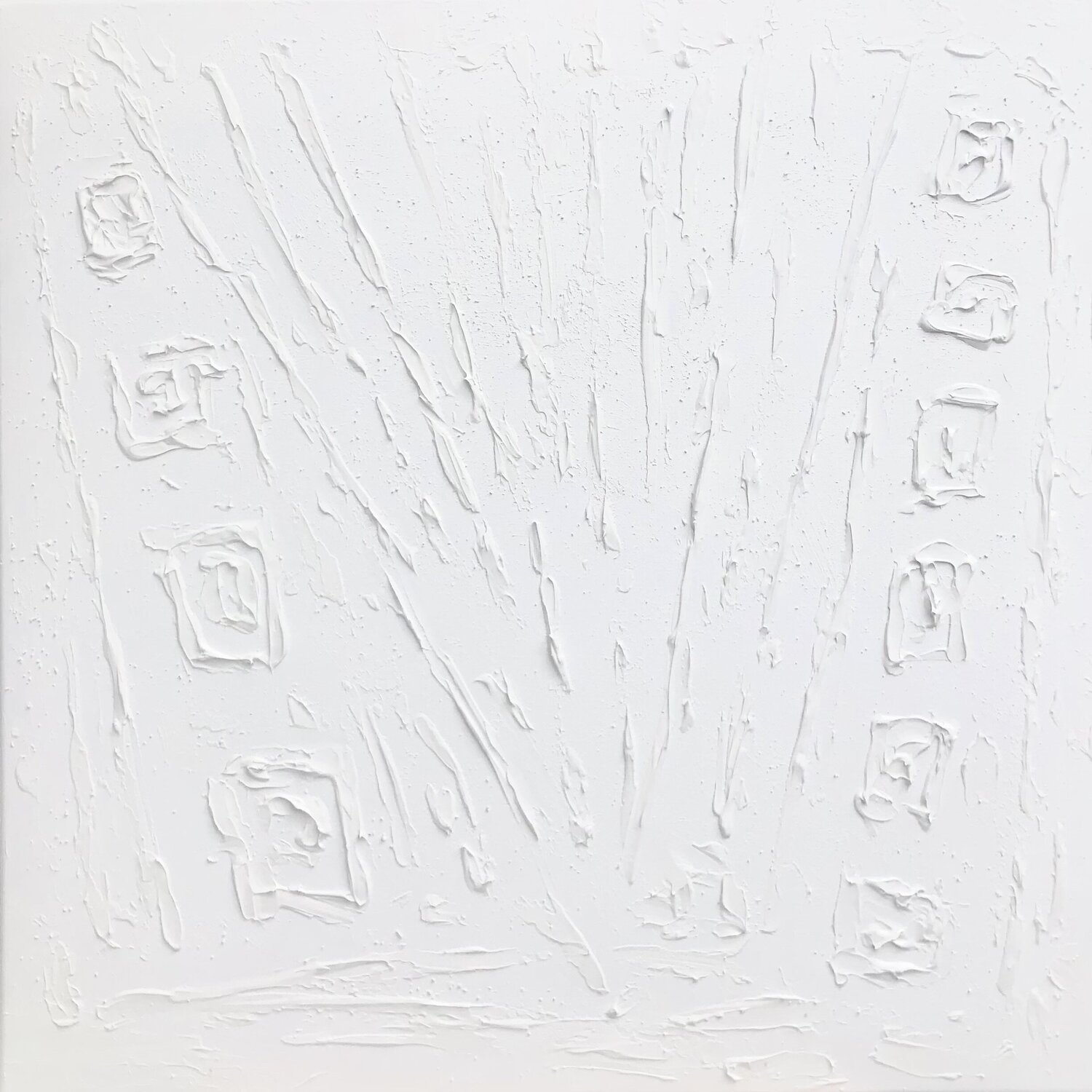 From the series „Walk along the coastline“ 3-  3D white textured objects plaster minimalism Nataliia Krykun Original painting for sale