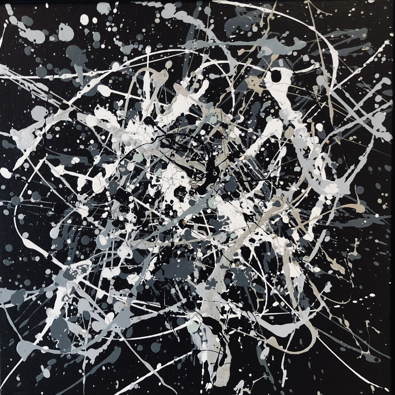 From the series "Infinite Flight" 20 monochrome gray, silber, white, black minimalism abstraction, expressionism dropping inspired by Jackson Pollock Nataliia Krykun Original painting for sale