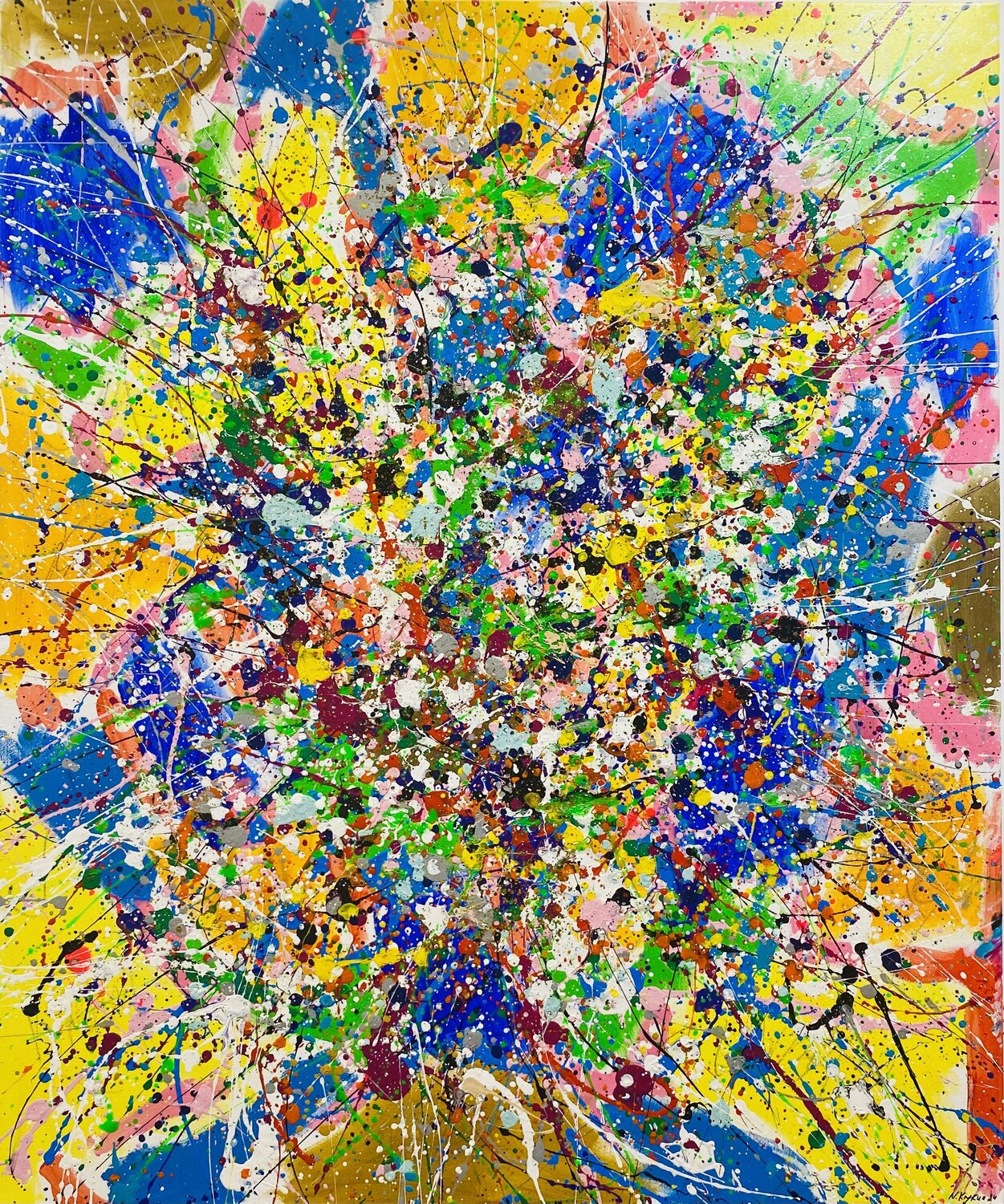 From the series "Bright Dreams" - 1,  yellow, blue, pink, white, colourful large abstraction, drops, expressionism dropping Nataliia Krykun Original painting for sale