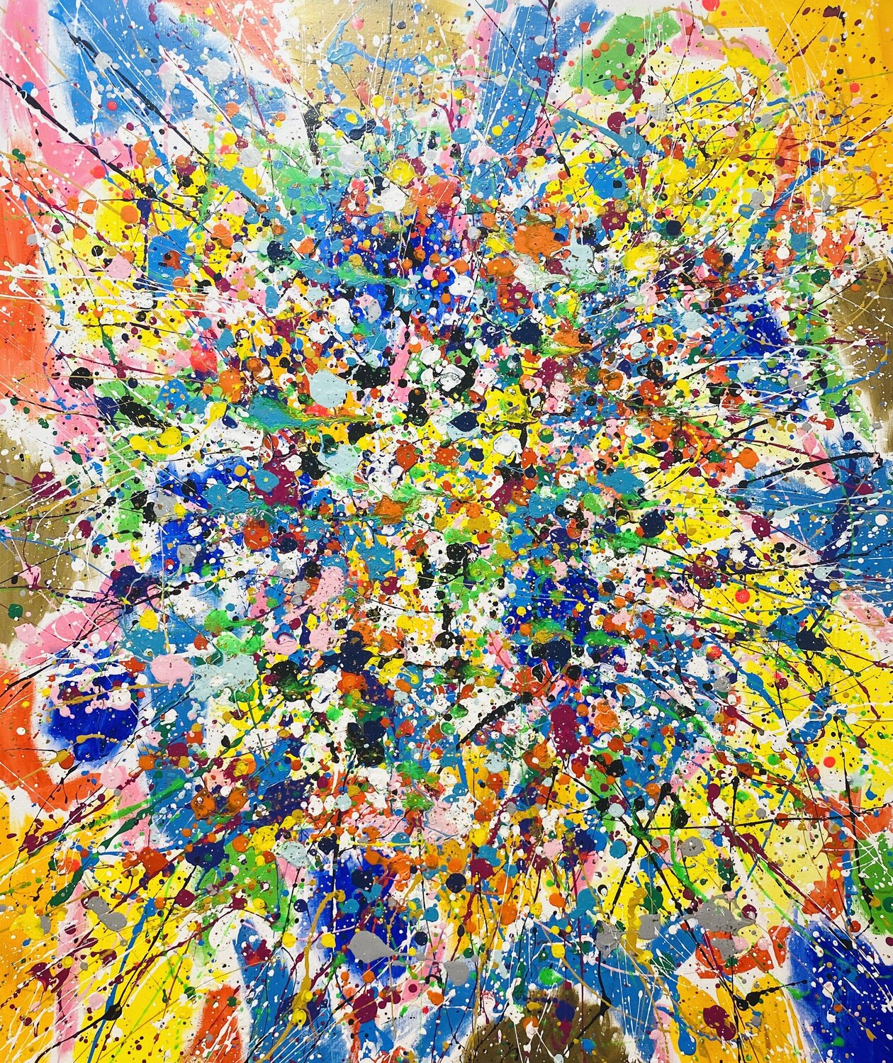 From the series "Bright Dreams" - 2,  yellow, blue, pink, white, colourful large abstraction, drops, expressionism dropping Nataliia Krykun Original painting for sale