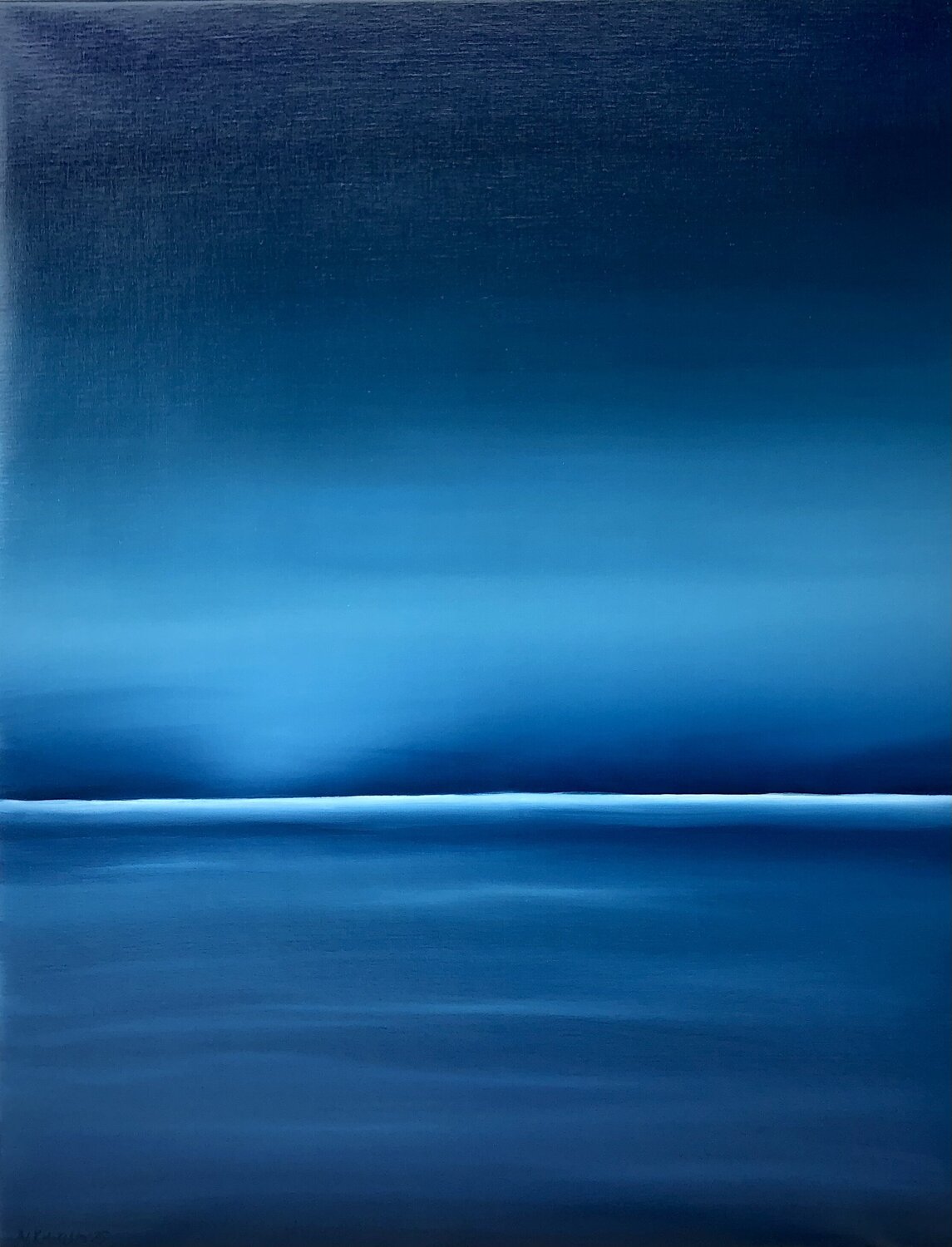 „Night lake in Ukraine“ Blue abstract impressions minimalism seascape, water, sky Nataliia Krykun Original painting for sale