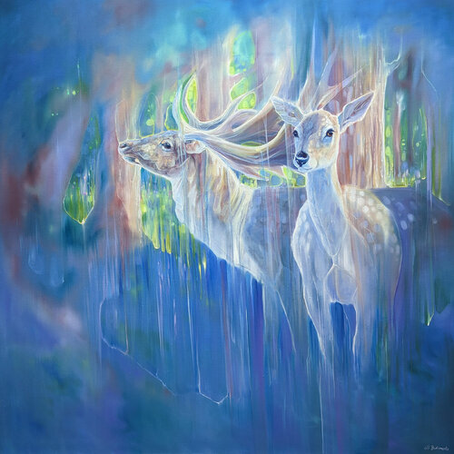 Divine Monarchs is a large semi-abstract wildlife painting of two deer by Gill Bustamante, Painting for Sale on Select