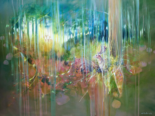 The Song of the Deer, an autumn deer abstract landscape painting by Gill Bustamante, Painting for Sale on Select
