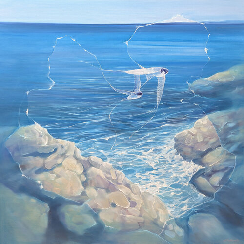 Enchanted, a blue seascape with birds by Gill Bustamante, Painting for Sale on Select