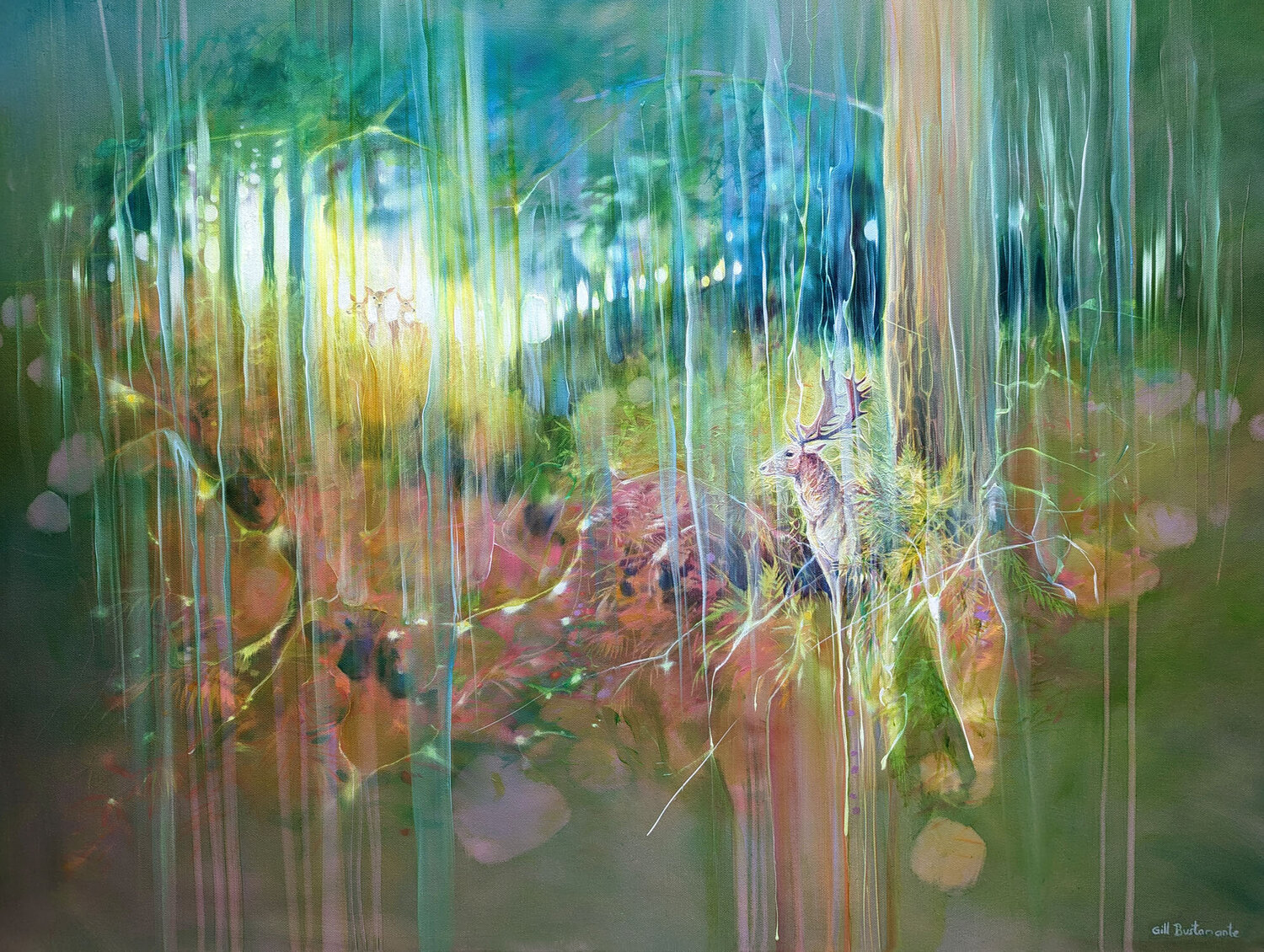 The Song of the Deer, an autumn deer abstract landscape painting Gill Bustamante Original painting for sale