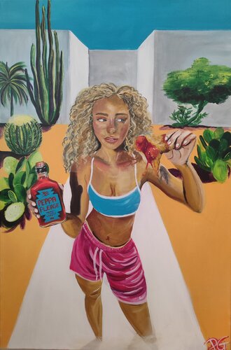 Summer girl chicken wing and hot sauce by Perrine Gimenez, Painting for Sale on Select