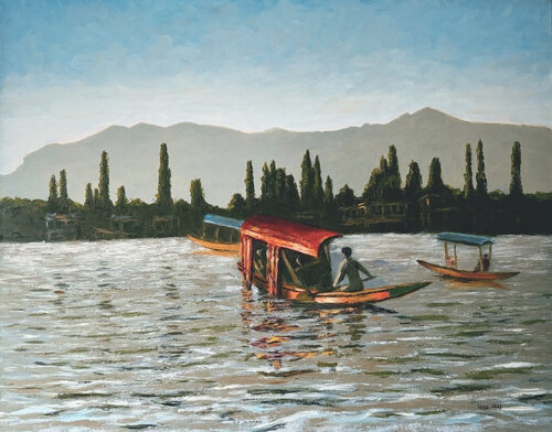 Dal lake at dusk by Uma Krishnamoorthy, Painting for Sale on Select