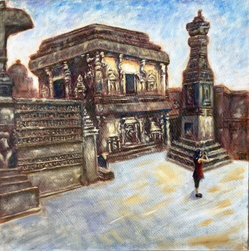 Ellora Caves - Kailash Temple by Uma Krishnamoorthy, Painting for Sale on Select