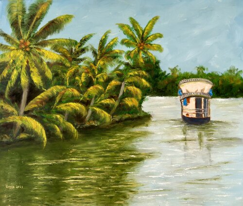 Palm trees in Alleppey by Uma Krishnamoorthy, Painting for Sale on Select