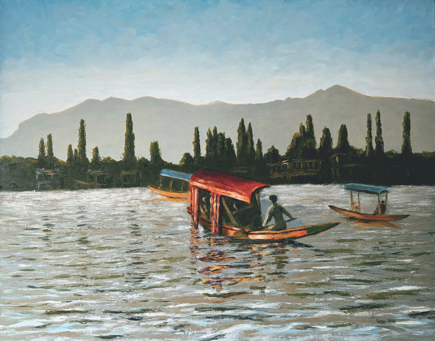 Dal lake at dusk Uma Krishnamoorthy Original painting for sale