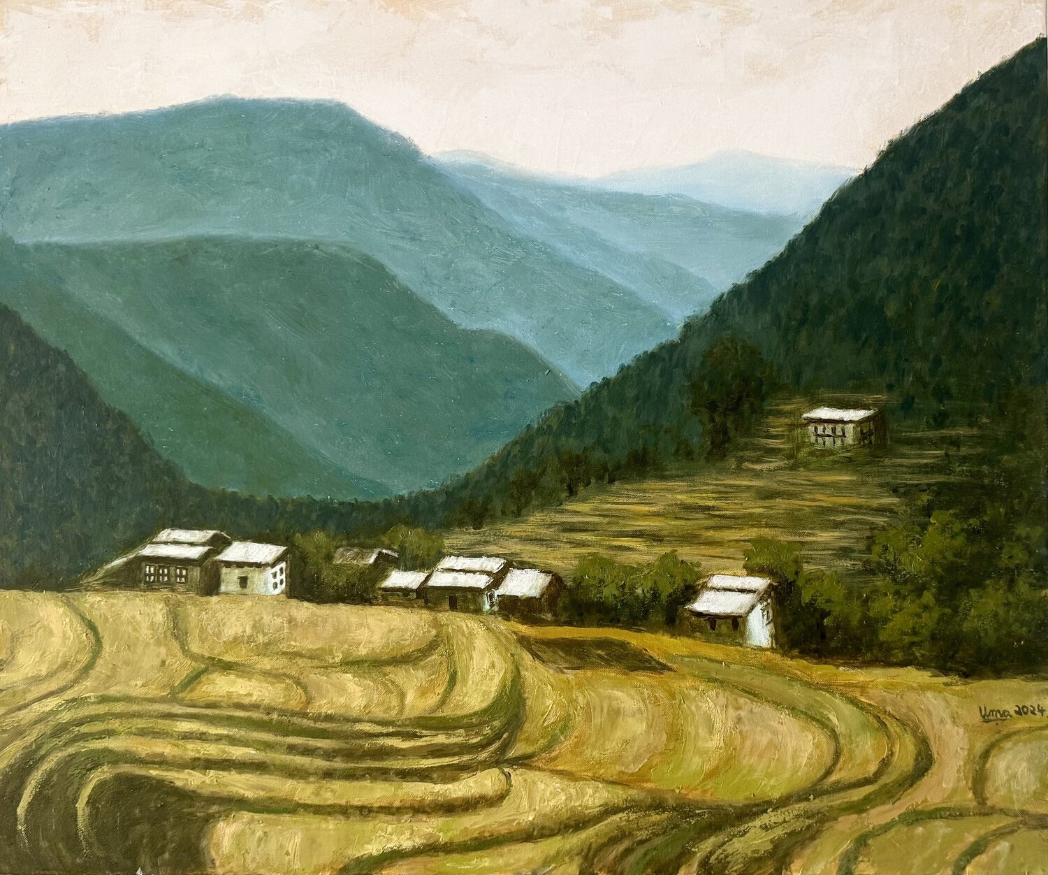 View of Himalayas from Bhutan Uma Krishnamoorthy Original painting for sale