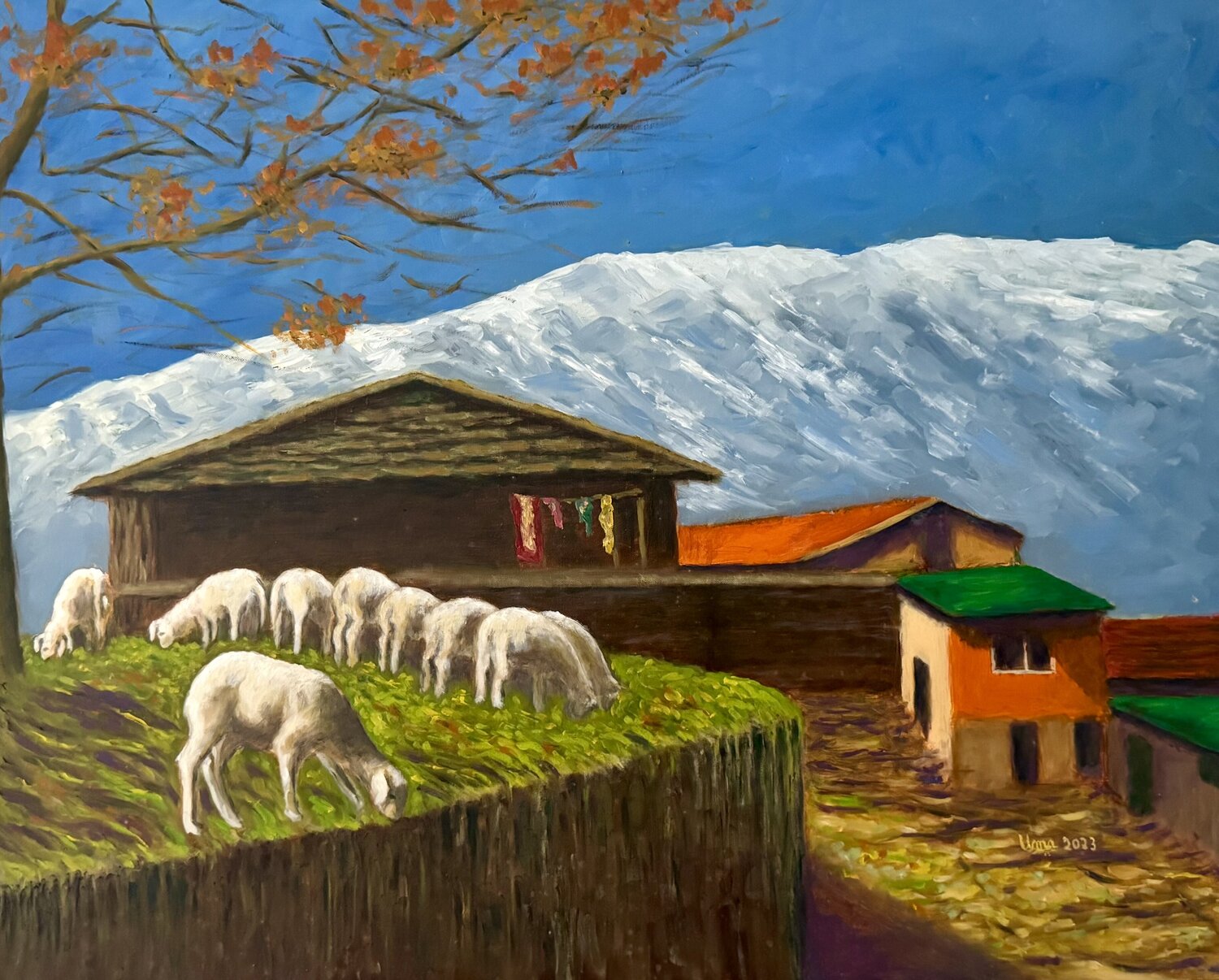 Sheep grazing at Rumsu village Uma Krishnamoorthy Original painting for sale