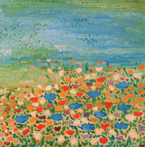 Blumenwiese am Wasser - Flowers by the water by Christine Rechnitzer, Painting for Sale on Select