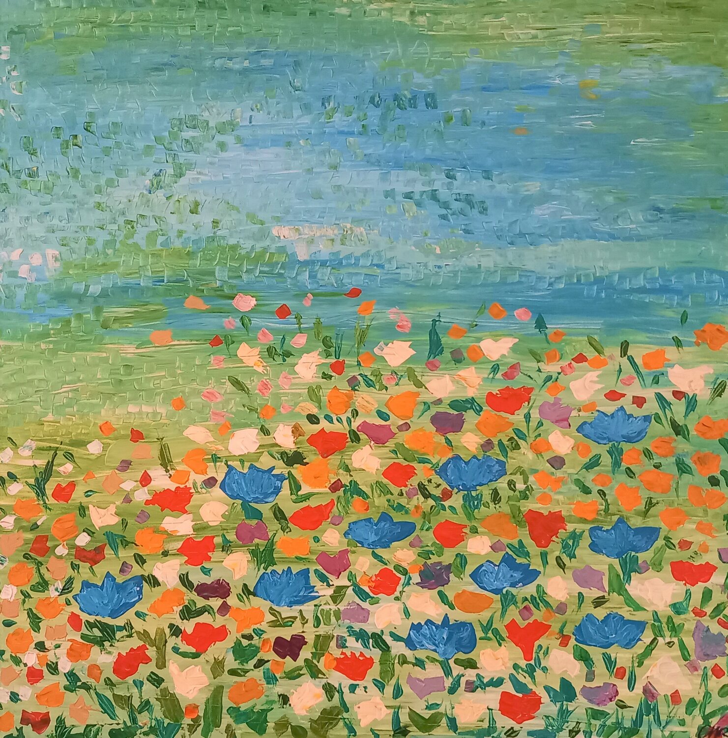Blumenwiese am Wasser - Flowers by the water Christine Rechnitzer Original painting for sale