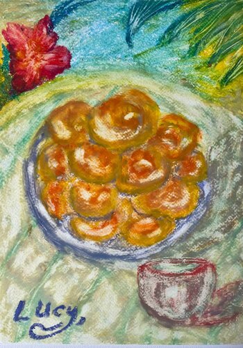 Sunny breakfast on a terrace by the ocean by Lucy Moon, Drawing for Sale on Select