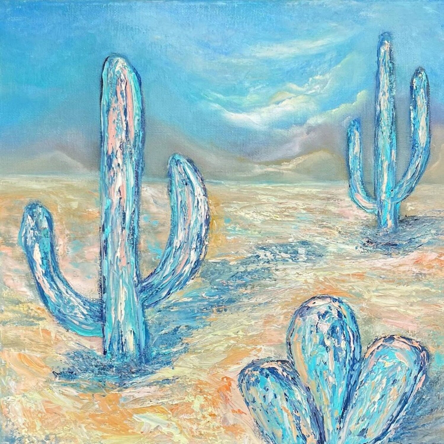 Golden desert dust and green giant cacti Lucy Moon Original painting for sale