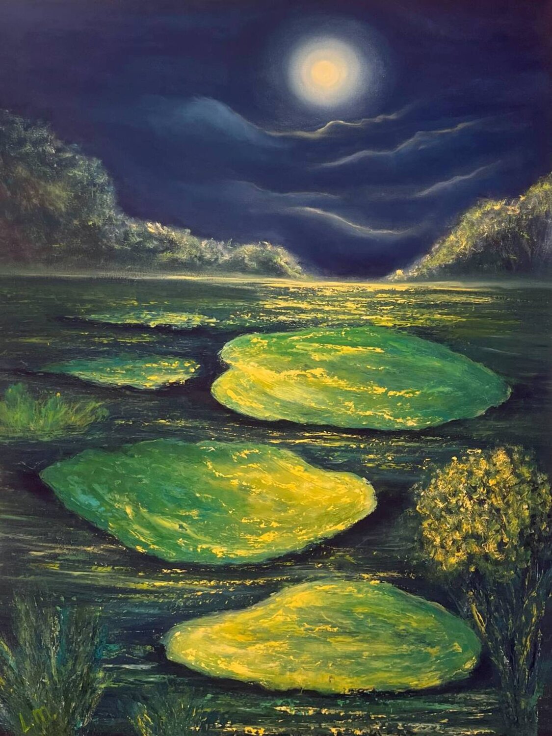 Large emerald water lilies in the moonlight Lucy Moon Original painting for sale