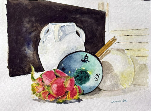 Vibrant Watercolor Still Life Featuring Chinese Pottery and Dragonfruit by Joanne Joki, Painting for Sale on Select