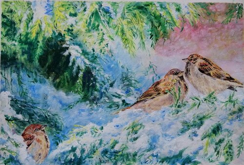 Tre passerotti in inverno by Silvio Ricci, Painting for Sale on Select