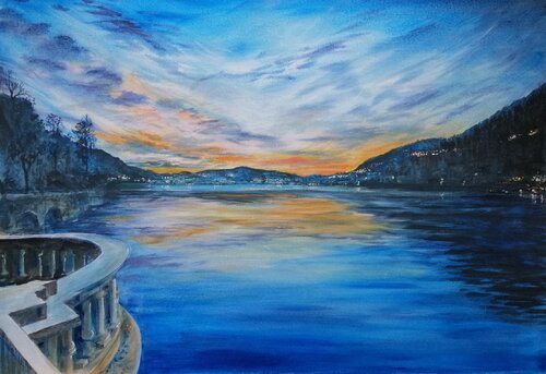 Lago di Como-Tramonto by Silvio Ricci, Painting for Sale on Select