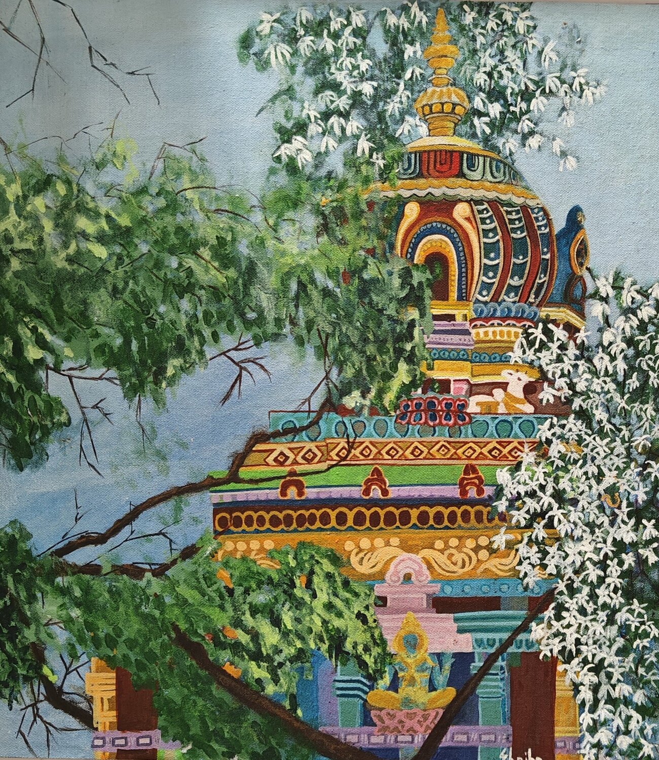 Temple in full Bloom Shaiba Rajesh Original painting for sale