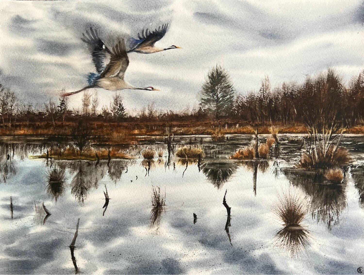 Flight of the cranes Annett Coumont Original painting for sale