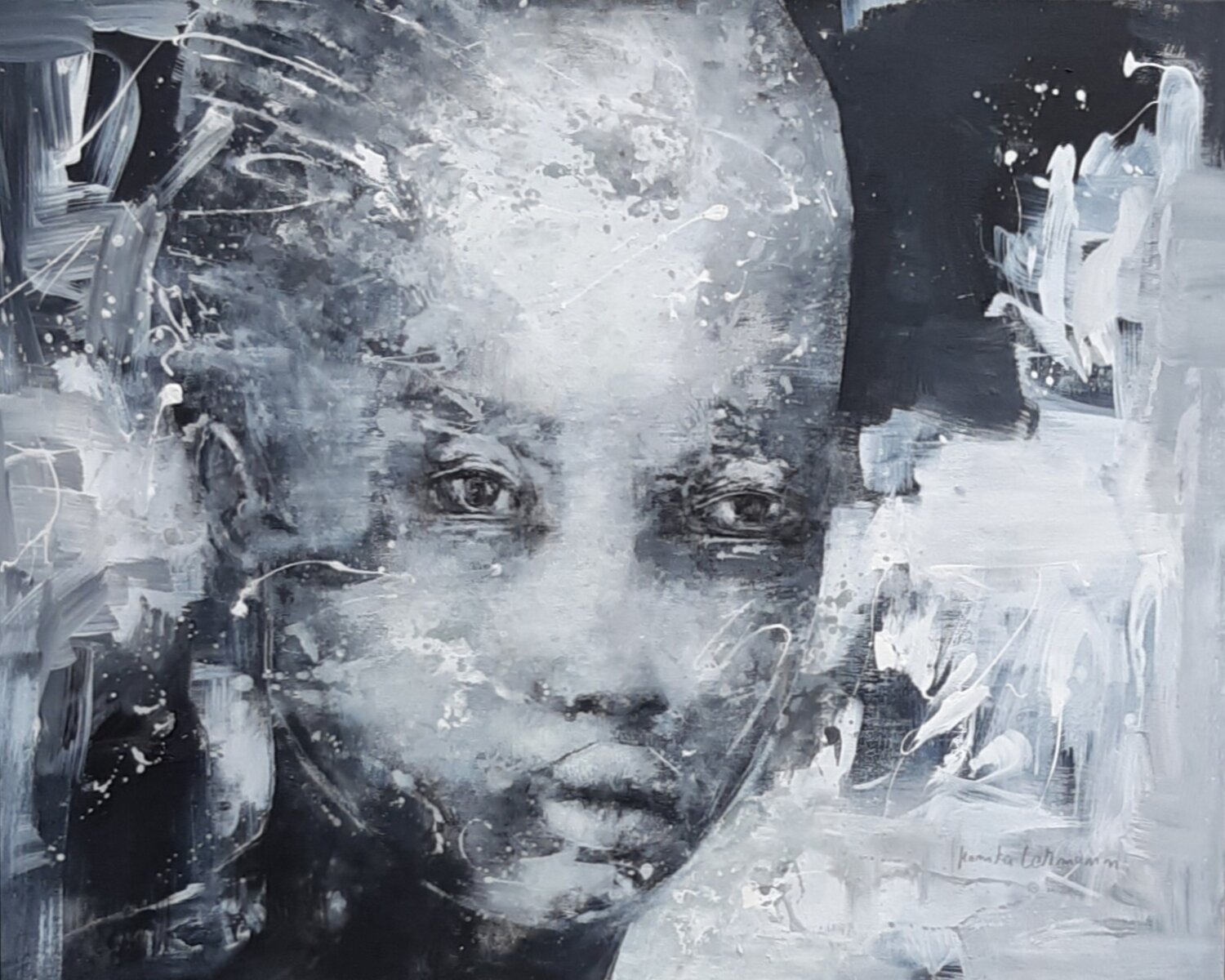 Black Face - Face #142 - -series two colors black and white Monika Lehmann Original painting for sale