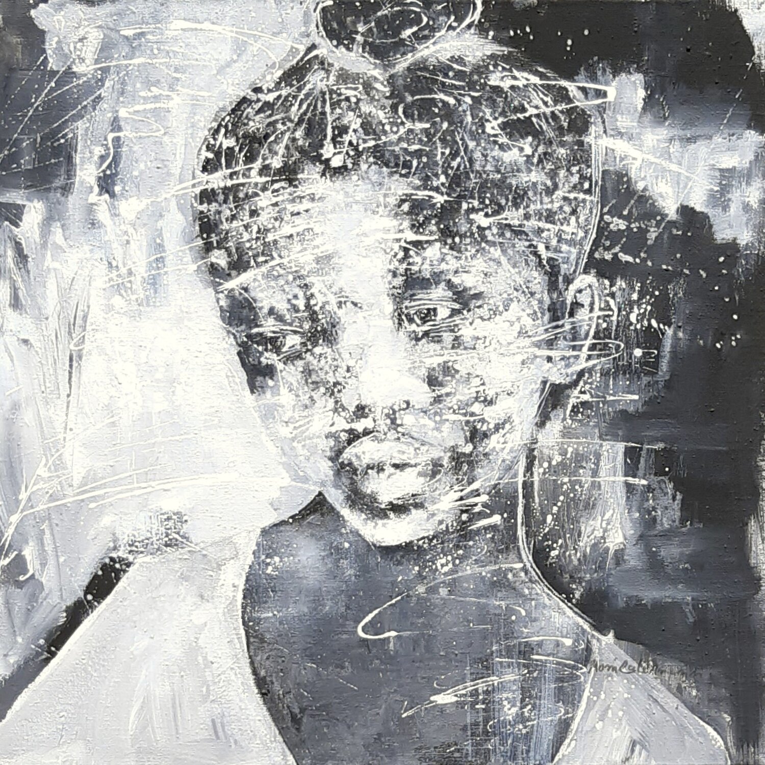 Face #123 - Black and White Monika Lehmann Original painting for sale