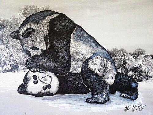Pandas - Bruderliebe by Rainer Englisch, Painting for Sale on Select