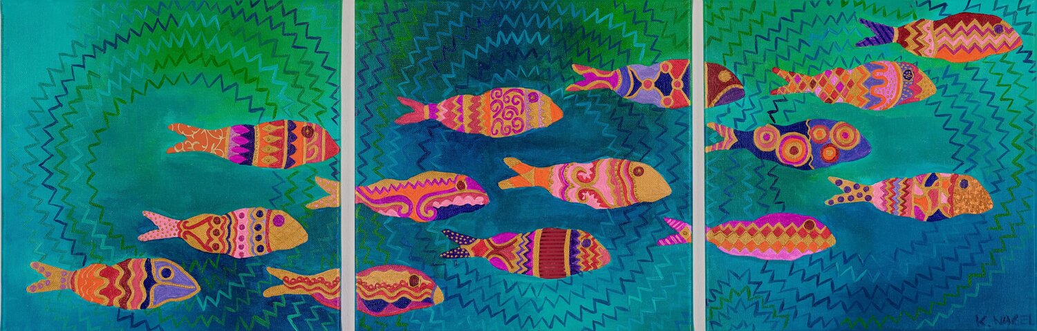 Triptych Red mullets of Ptolemy Katja Nagel Original painting for sale