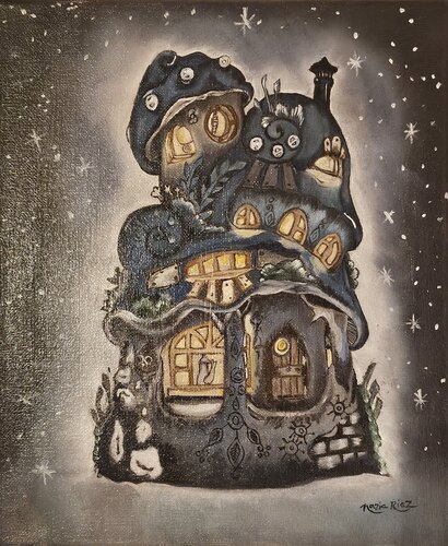Midnight Mushroom house by Nazia Waqas, Painting for Sale on Select