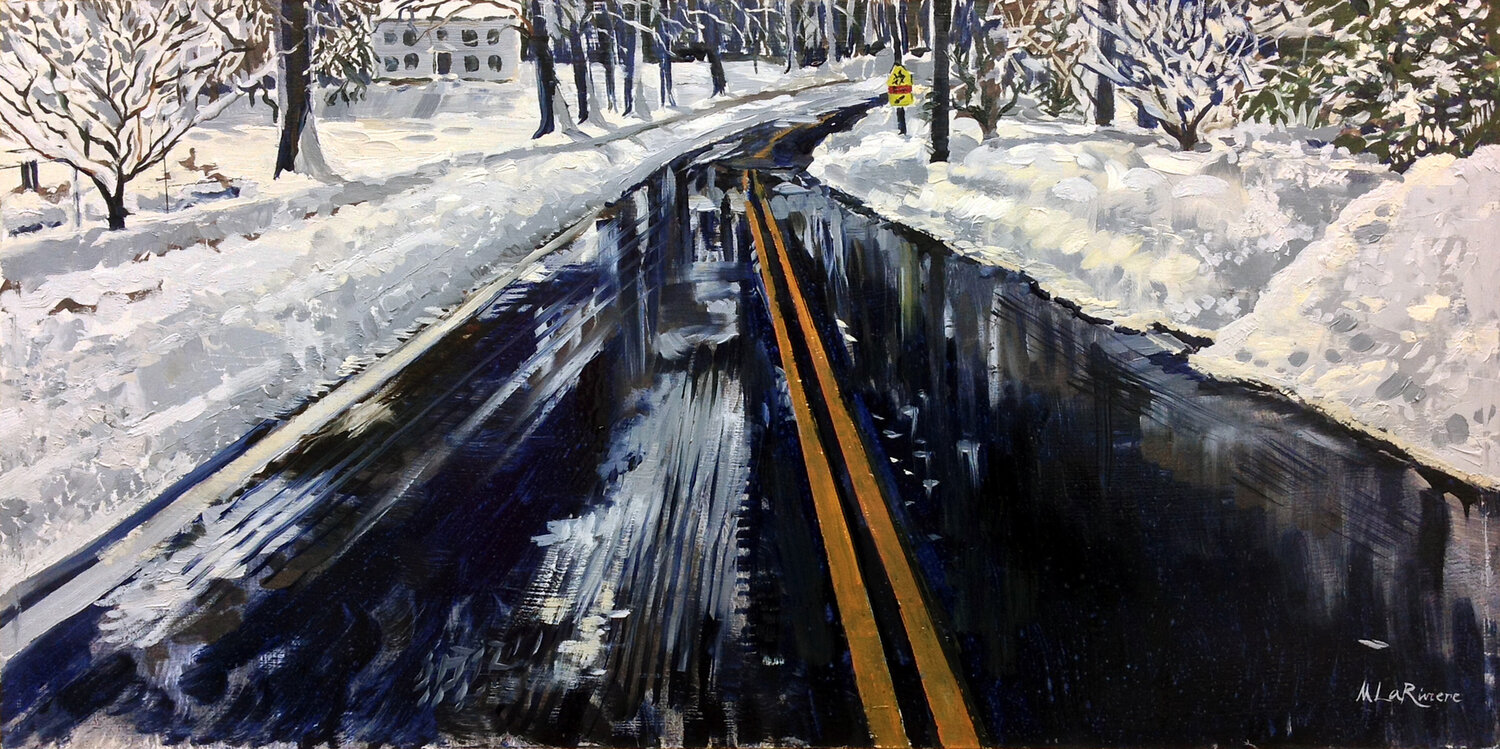 Snowy Street in Connecticut Mark LaRiviere Original painting for sale