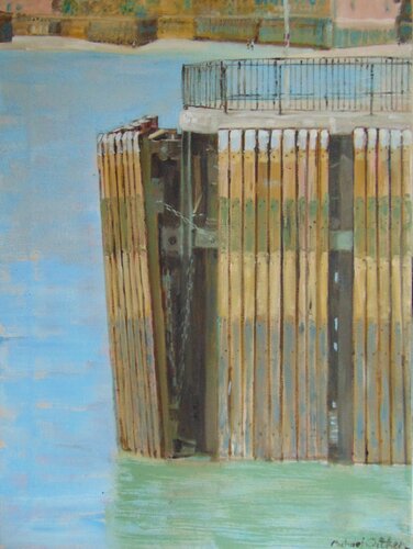 Disused, damaged Thames River platform at Ratcliff by michael aitken, Painting for Sale on Select