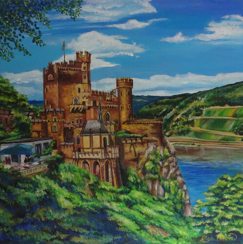 Rheinstein Castle – between sky and Rhine by Olga Milova, Painting for Sale on Select