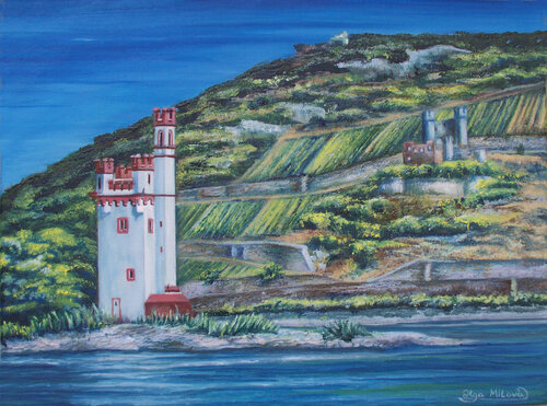 Mouse Tower of Bingen - Rhine Landscape with Vineyards by Olga Milova, Painting for Sale on Select