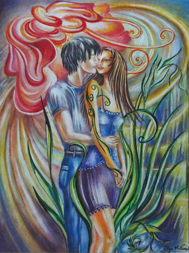 The Magical Kiss in the Color Whirl of Nature by Olga Milova, Painting for Sale on Select
